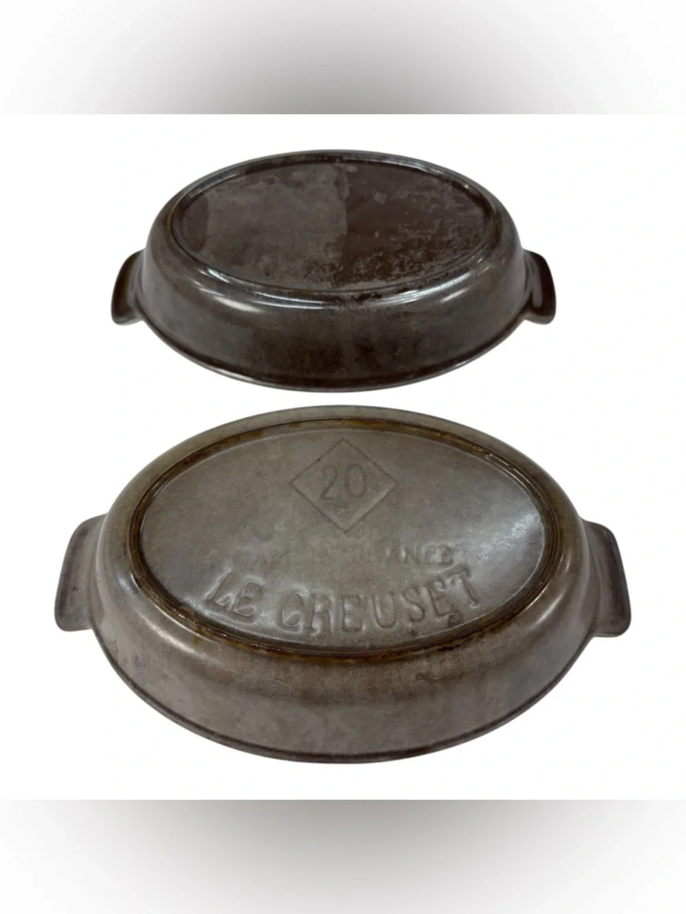 2 Vintage LE CREUSET 20 Cast Iron Enameled Au Gratin Baking Dish Brown France